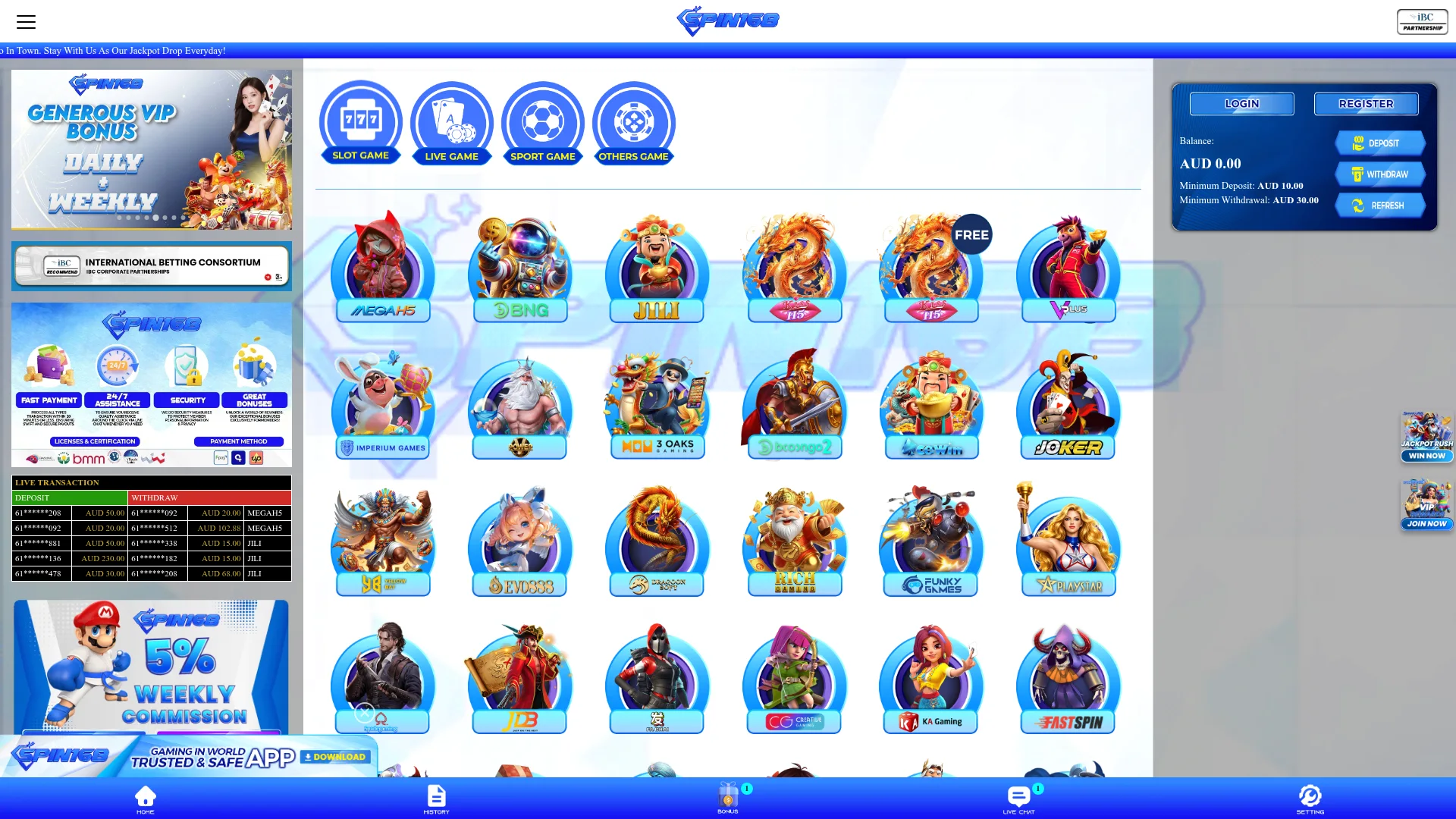Spin168 Casino desktop view with AUD casino offers and support access