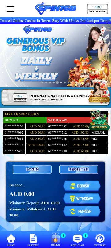 Spin168 Casino mobile view with access to AUD casino play